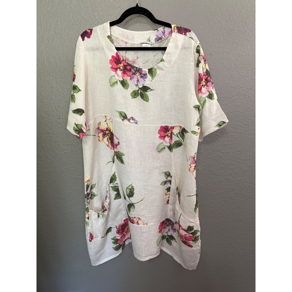 Vasna Floral Linen Tunic Dress Made in Italy White Pink Purple Lagonlook Pockets